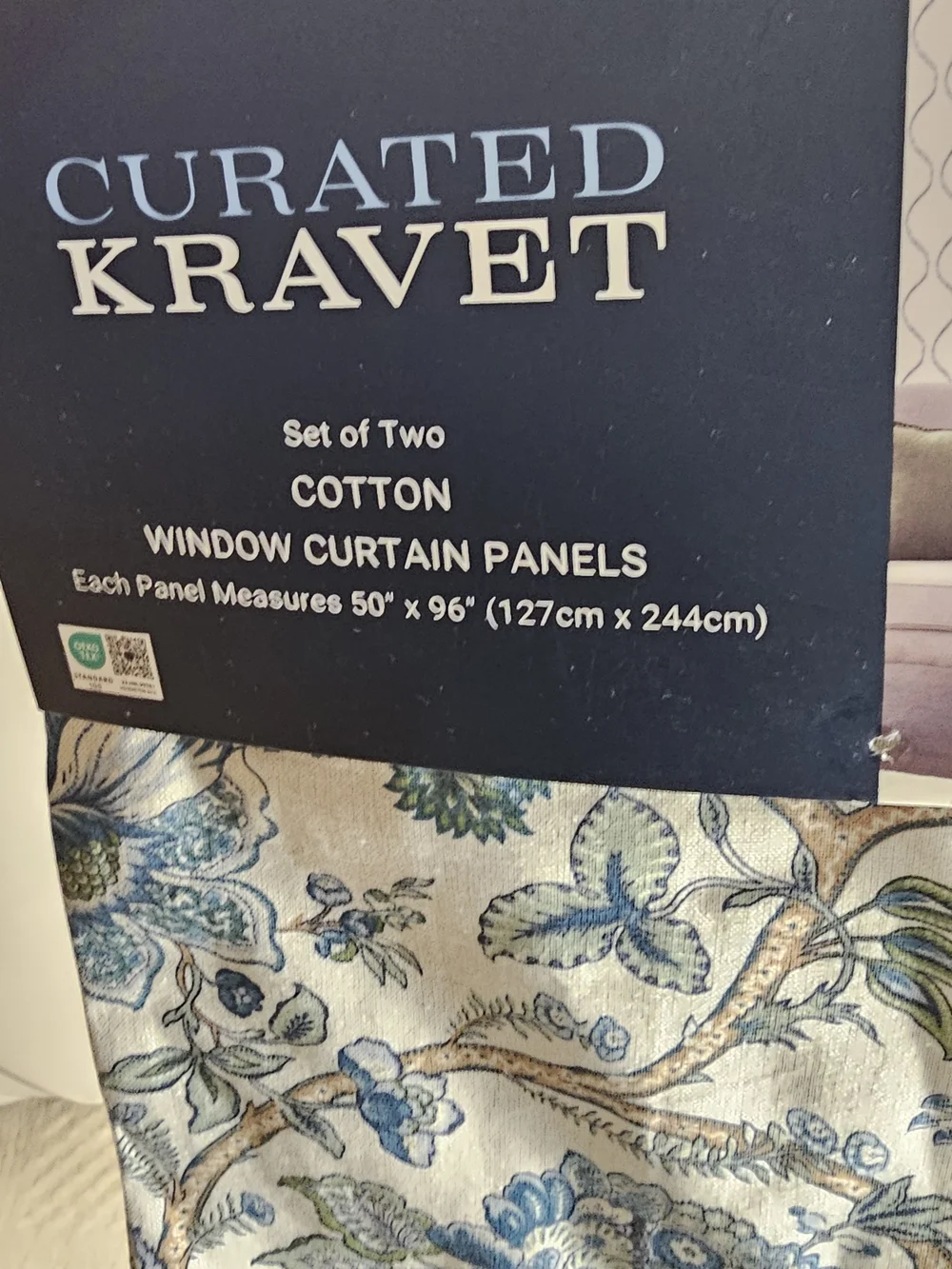 NWT Curated Kravet 2 pc Window Curtains Jacobean Floral Blue Cotton 50” x 96”